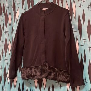 JM Collection Mock Neck Snap Front Sweater Jacket w/faux fur trim-sz Med
